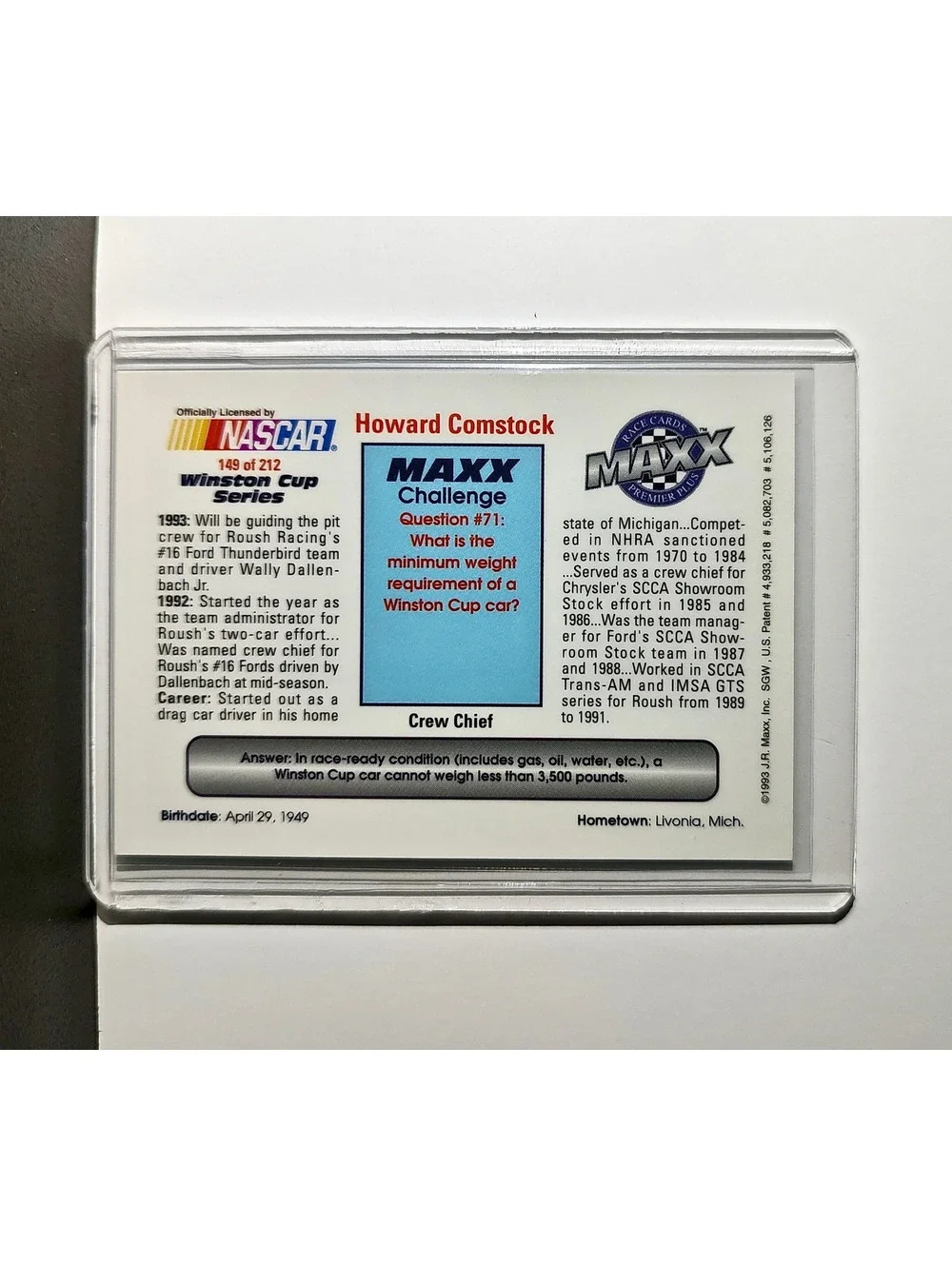 Howard Comstock 1993 Maxx Premier Plus Racing #149 NASCAR Card Roush Racing